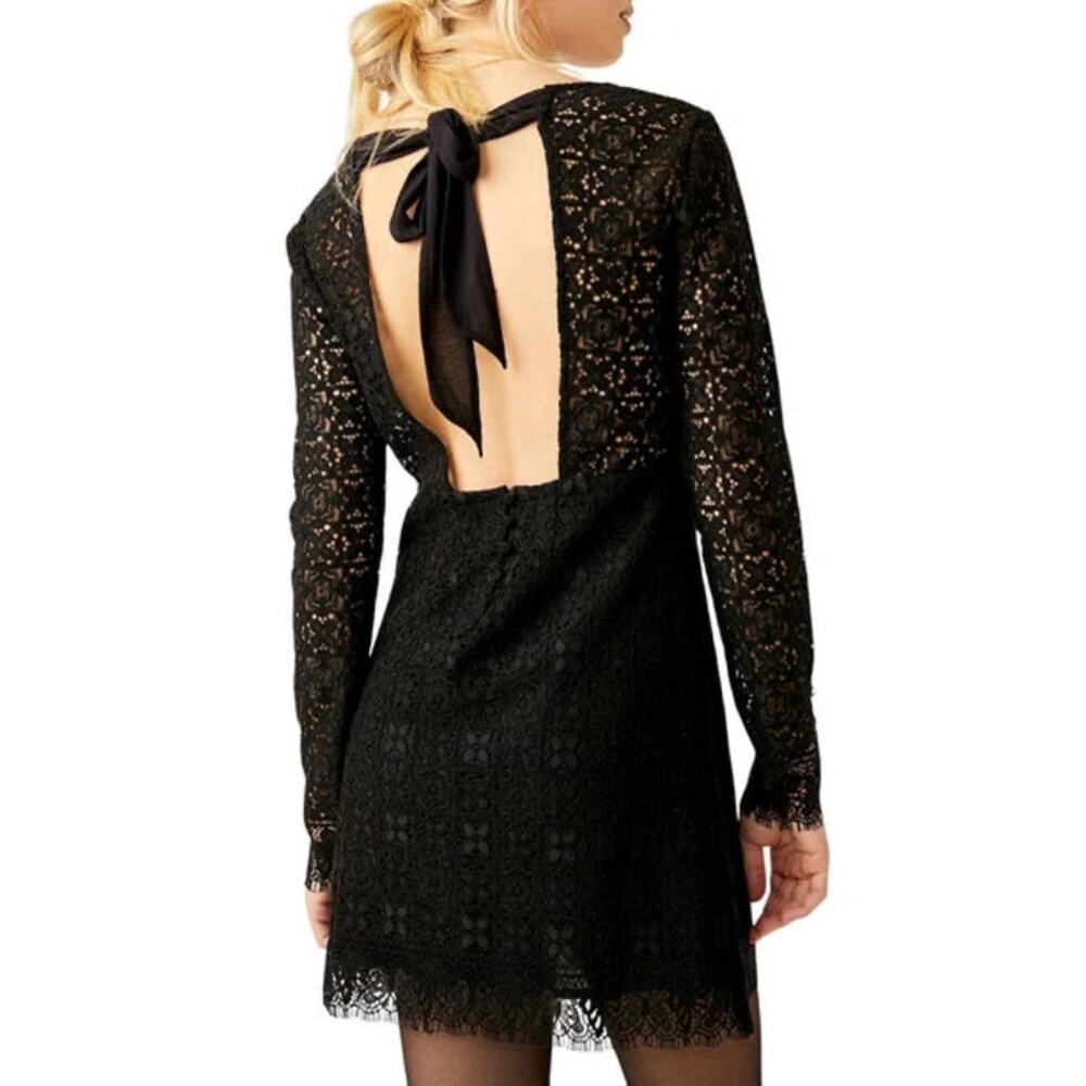 Free People Honey Honey Black Lace Long Sleeve V-Neck Tie Back Dress Size 0 - Picture 2 of 6